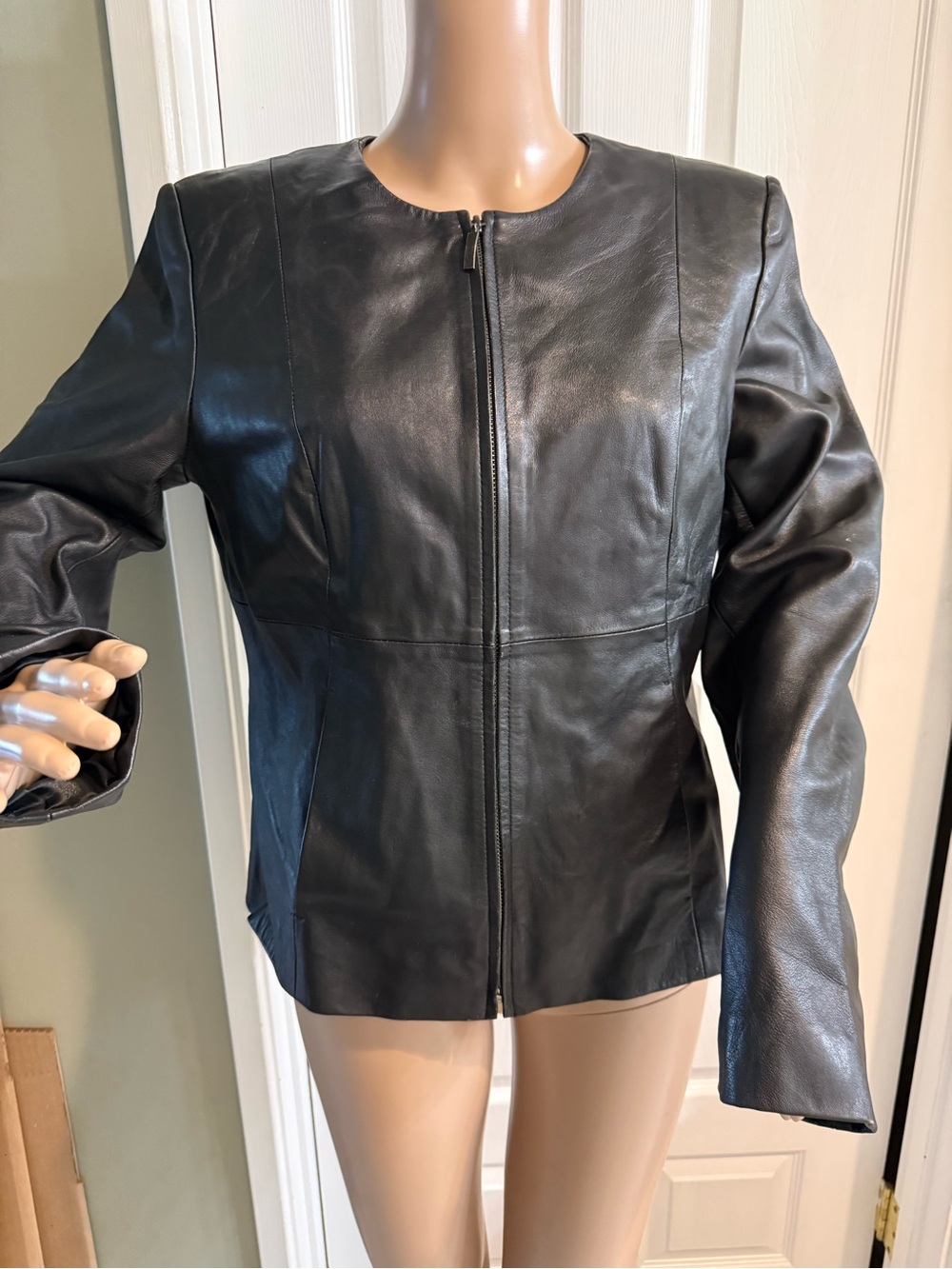 Style & Co Black Leather Jacket Zip Collarless Size M Quiet Luxury Y2K